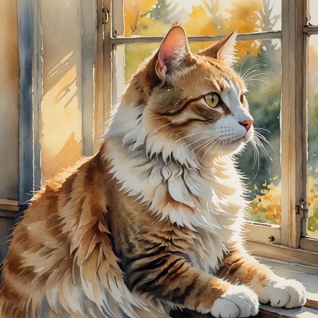 Impressionist Watercolor: Cat in Window