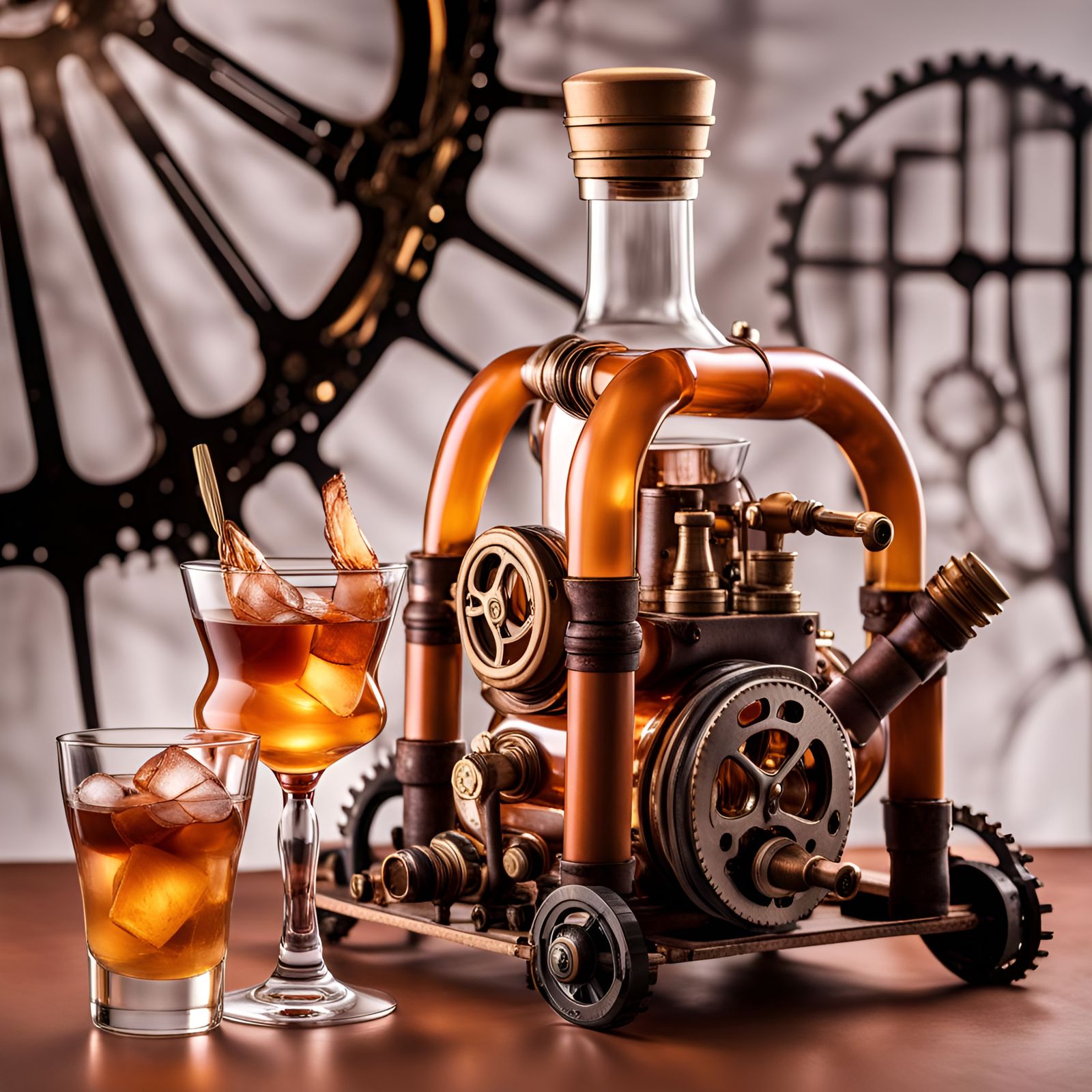 Steampunk Caramel Vodka Drink with Bottle and Glass