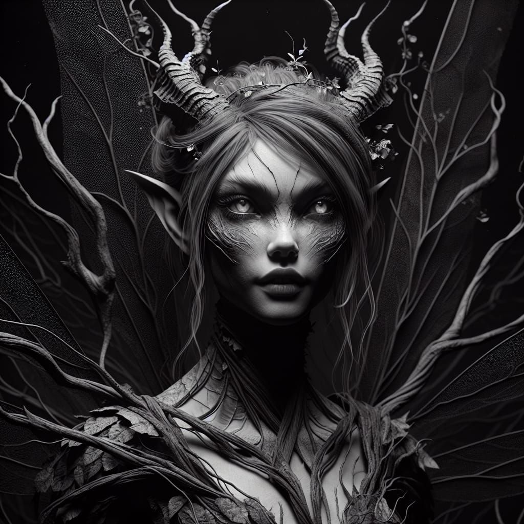 Triassic Fairy Portrait in Hyperrealistic Black and White
