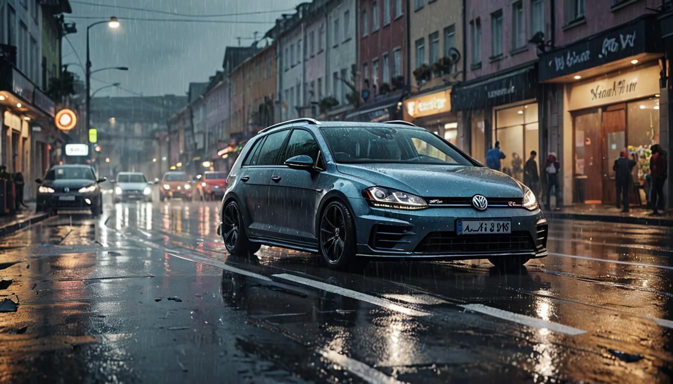 VW Golf 7R Drifting on Wet Highway in Digital Art