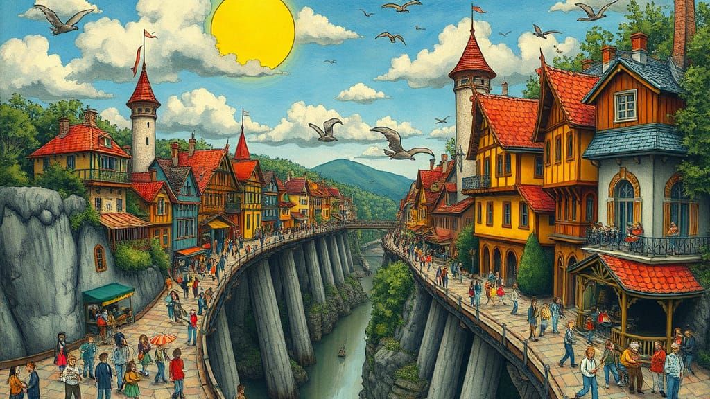 Whimsical Villages Connected by a Majestic Bridge in a Vibra...