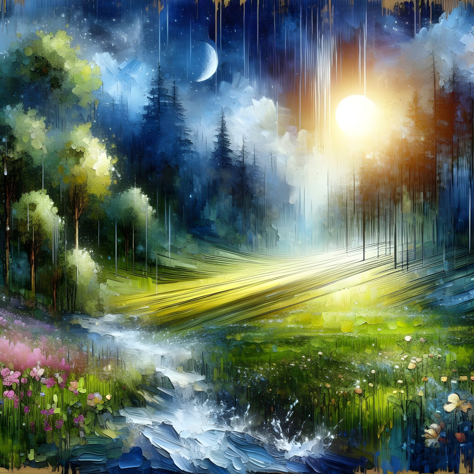 Mystical Moonlit Forest Glade in Spring