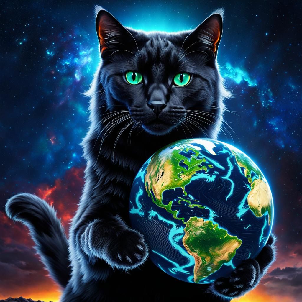 Black Cat Protects Earth: Detailed Digital Painting