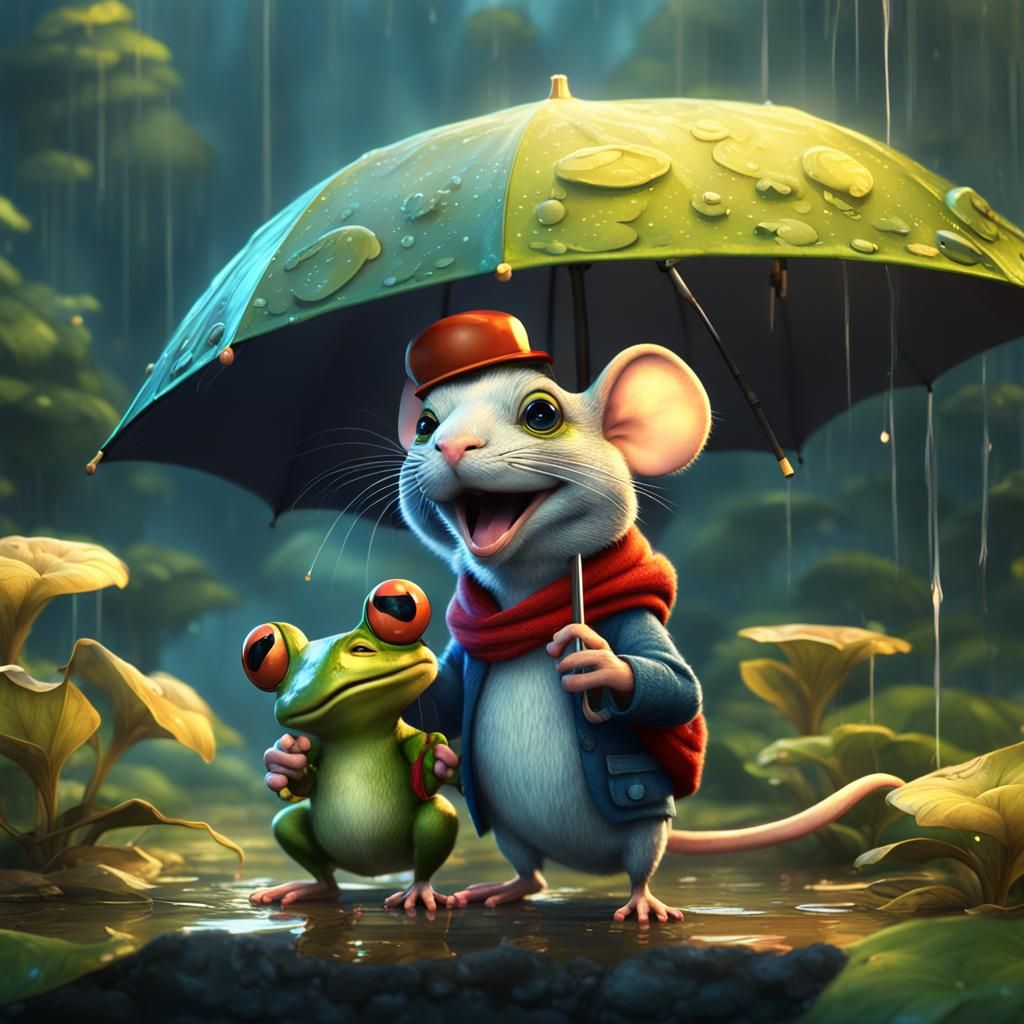 Charming Cartoon Mouse and Frog Sharing Umbrella