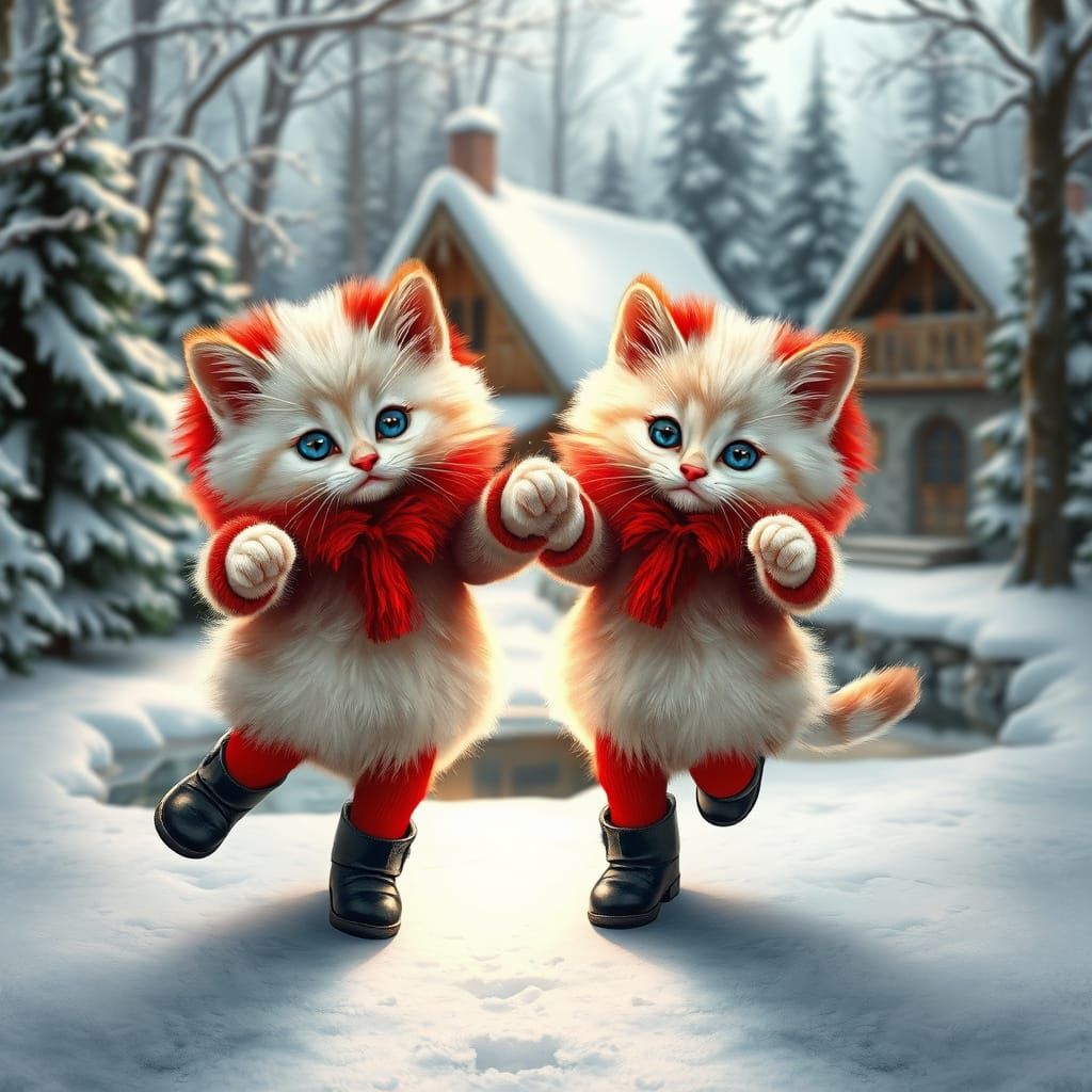 Kittens Dancing in Snowy Forest
