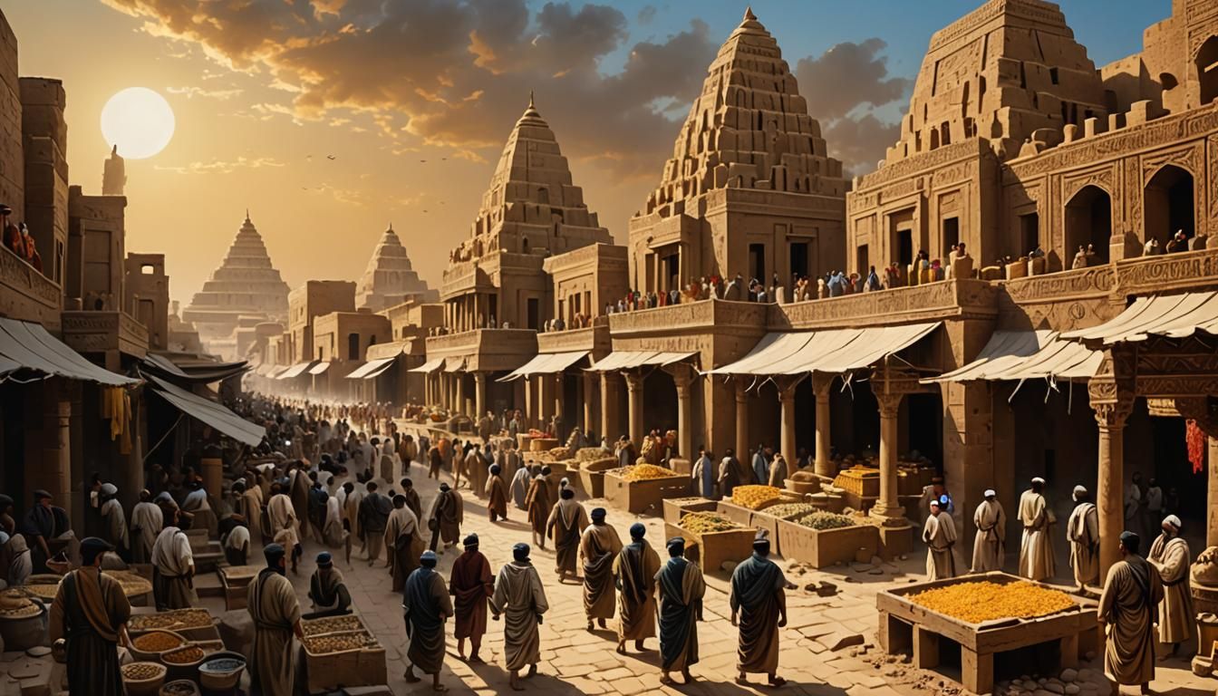 Mesopotamian Marketplace in Tonalist Oil Painting