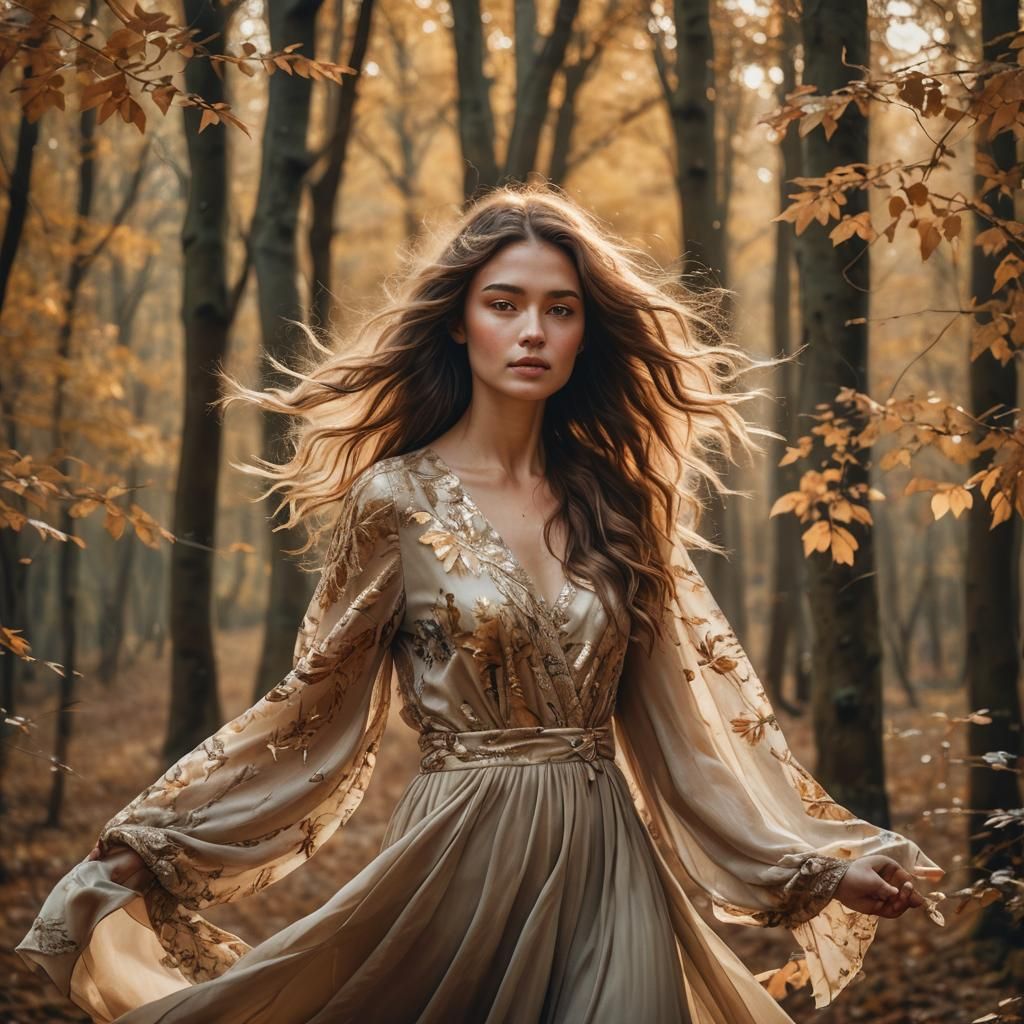 wind blowing beautiful woman dress, in autumn, detailed, hyp...