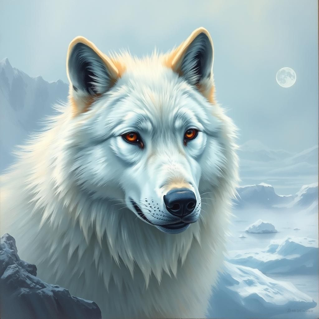 White Wolf in Arctic Environment: Detailed Painting