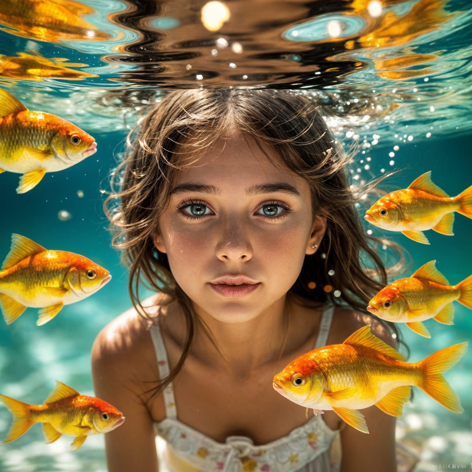 Dreamy Underwater Girl with Golden Fish, Painterly Digital A...