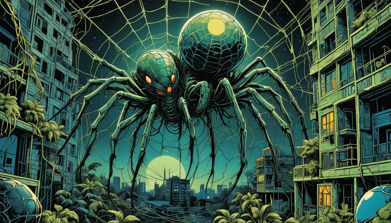 Giant Moon Spiders Weaving a Web in Comic Style