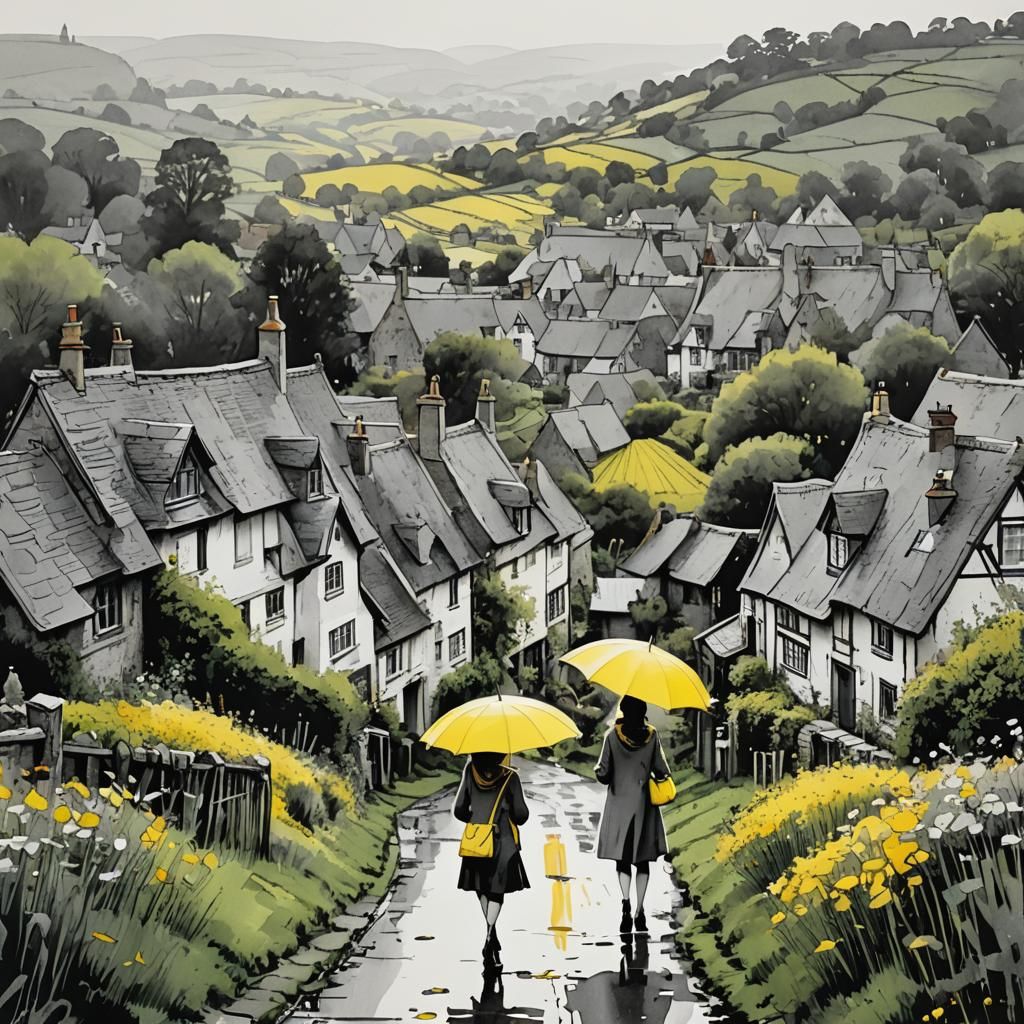 Monochrome Village Girl with Yellow Umbrella