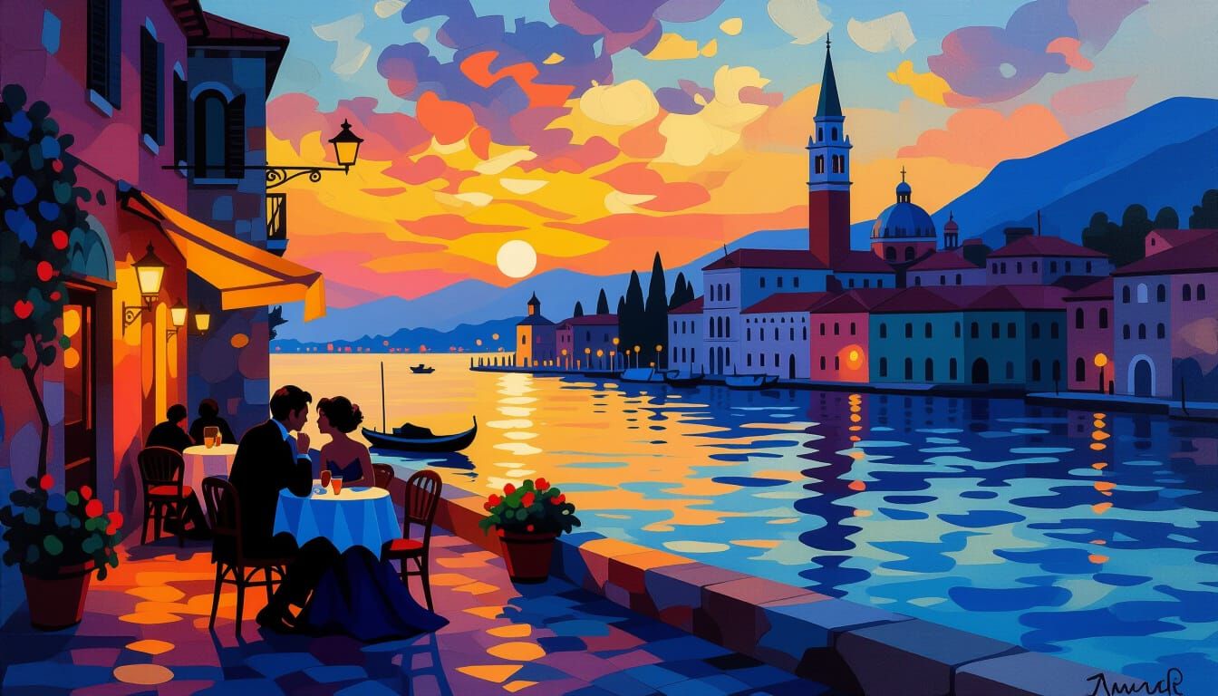 Lovers in Italian Town Cafe at Sundown Gouache Painting