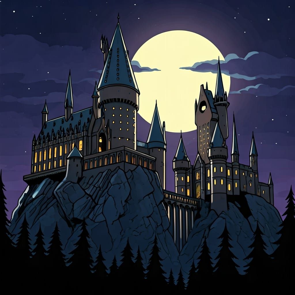 Hogwarts Castle Under Moon in Fables Comic Style