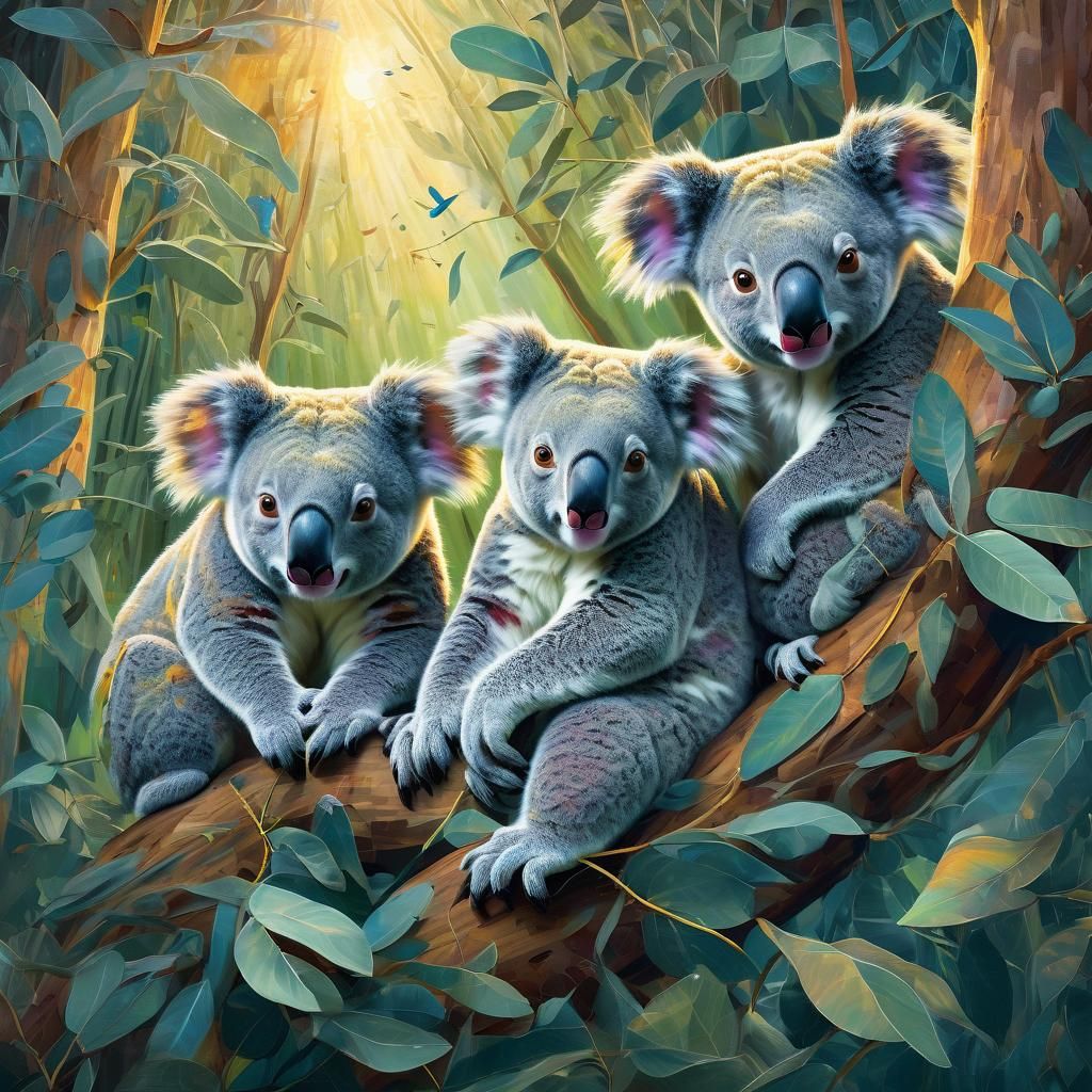 Koalas in Eucalyptus Forest, Cosmic Pablo Amaringo Style