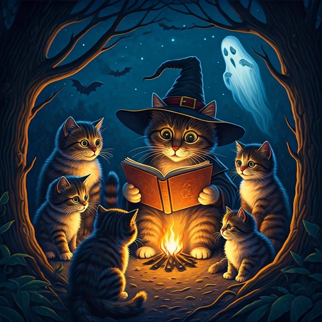 Whimsical Cats Tell Spooky Stories, in Watercolor Style