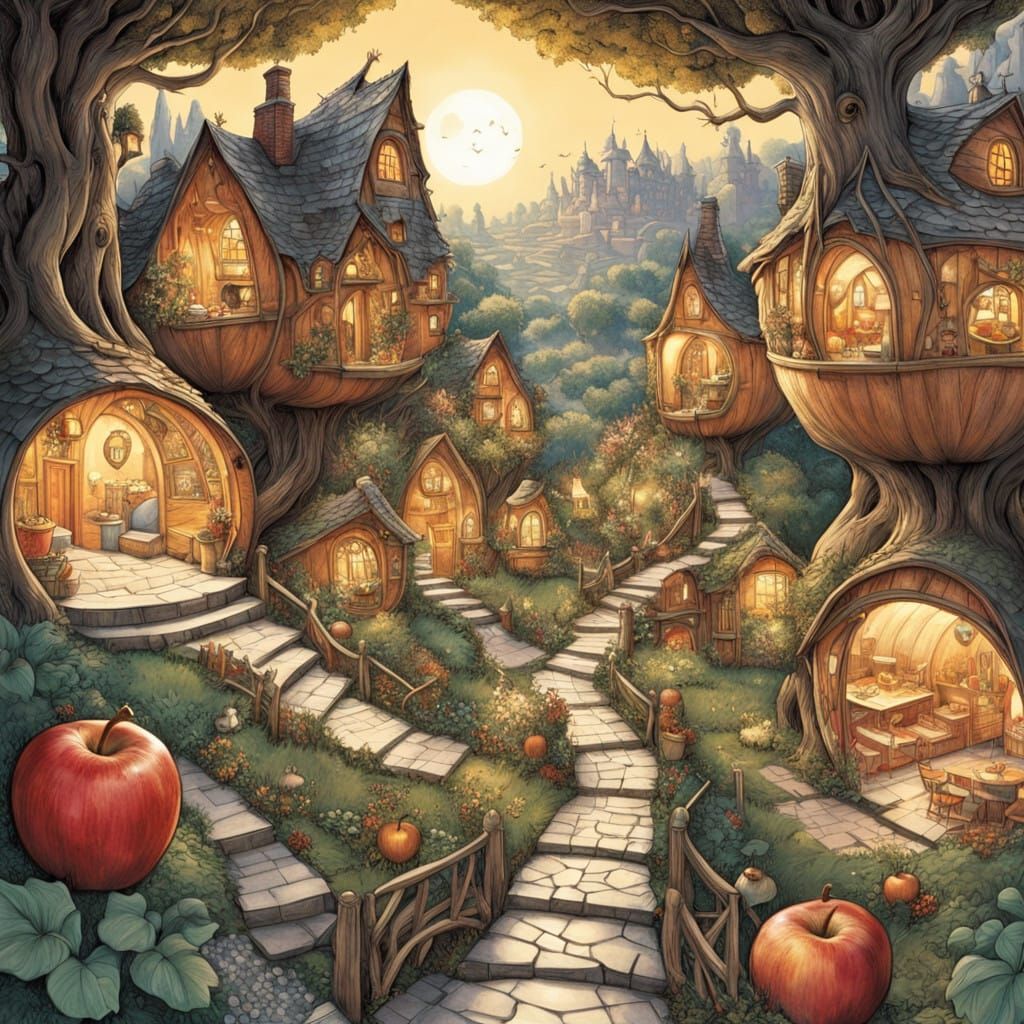 Whimsical Village Within Glowing Apple