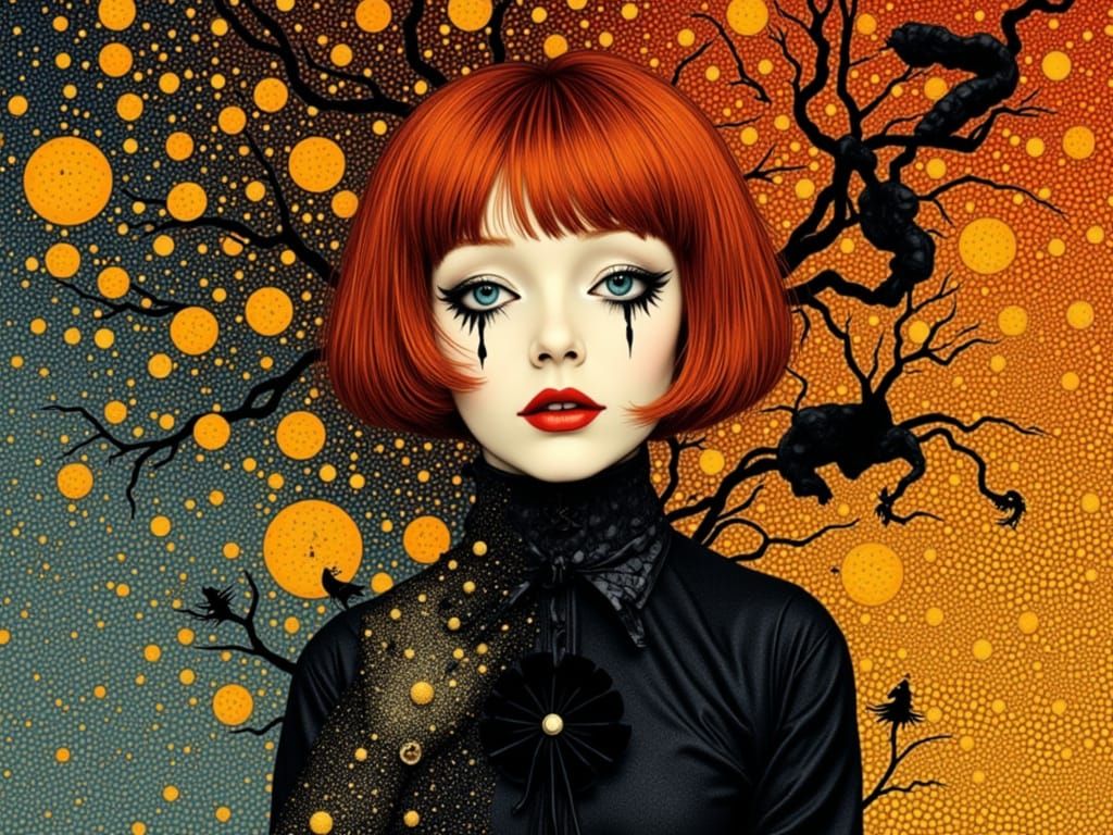 Mid-Century Pop Art Gothic Woman with Dotted Specter Style