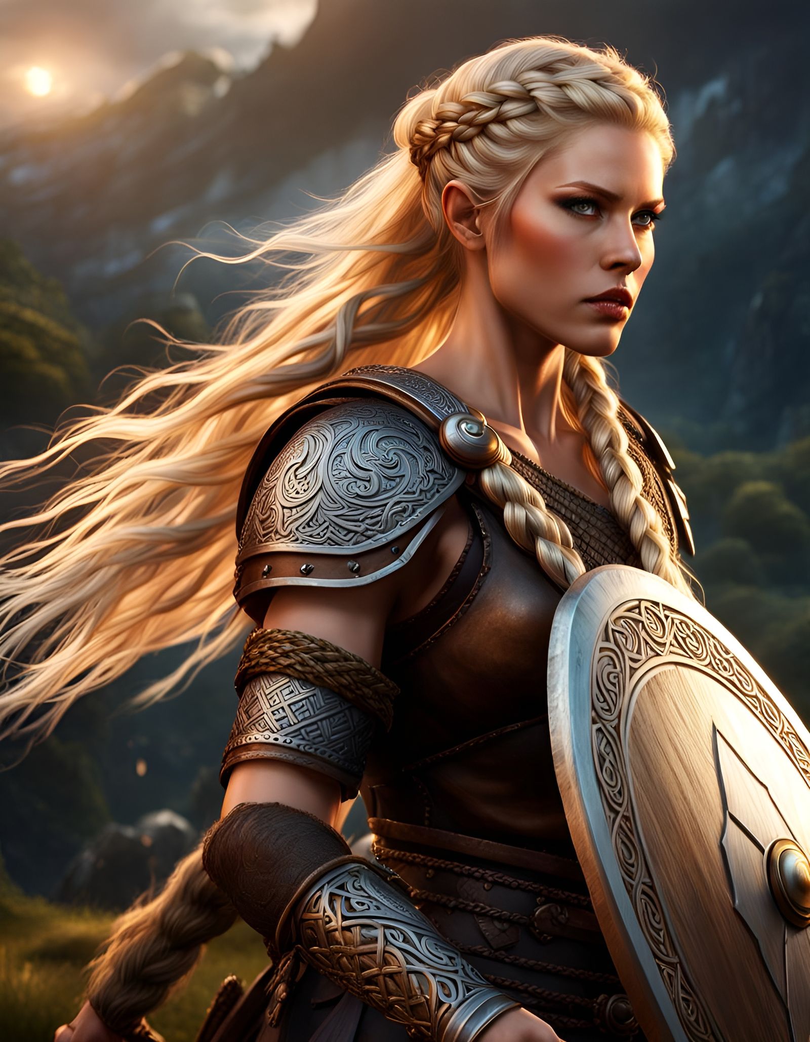 Fierce Viking Shield Maiden in Dark Fantasy Style
