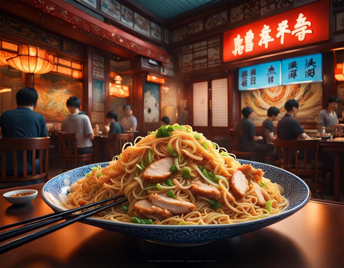 Chicken Chow Mein in Japanese Restaurant: Hyperrealistic Dig...