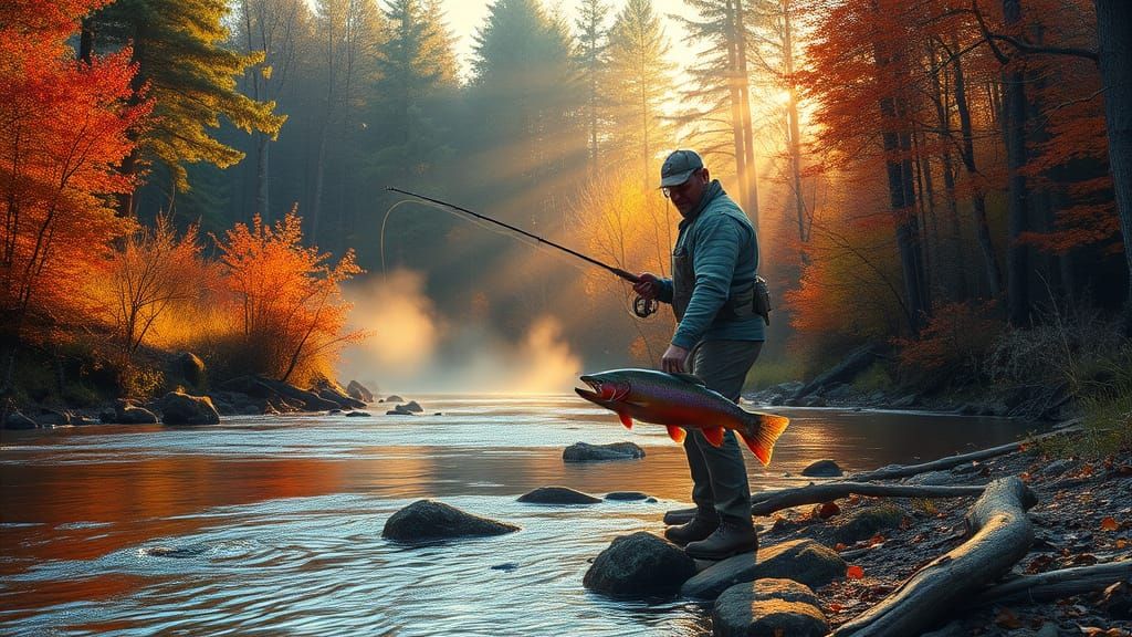Fly fisherman vs huge rainbow trout.