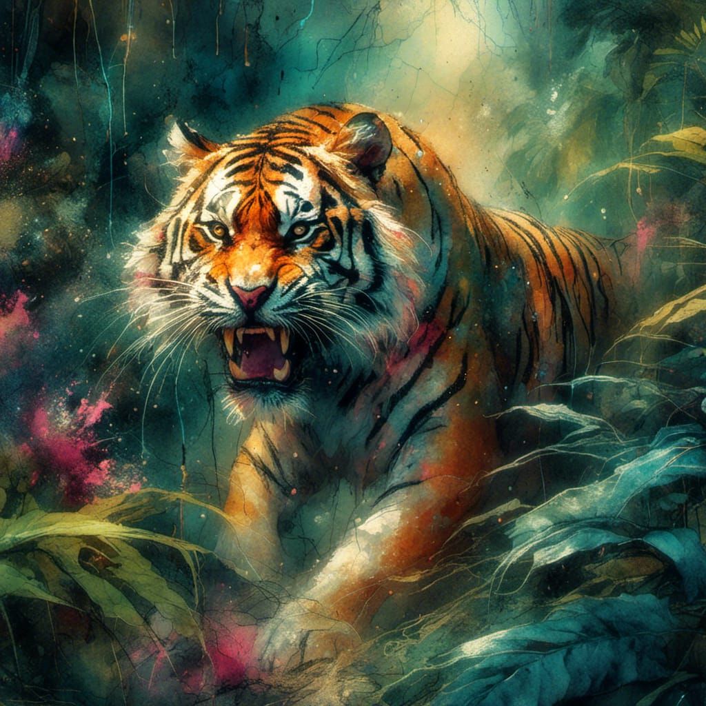 Neon Grunge Tiger in Jungle Foliage