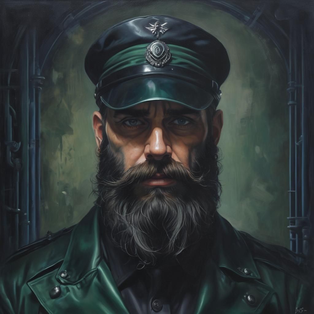 Dieselpunk Bearded Man in Cyberpunk Oil Painting
