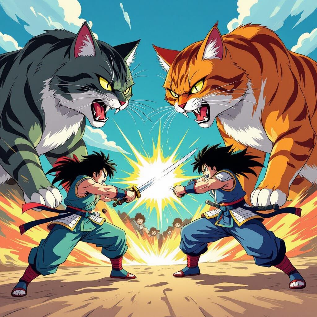 Anime Warriors Battle Giant Cats in Vibrant Style