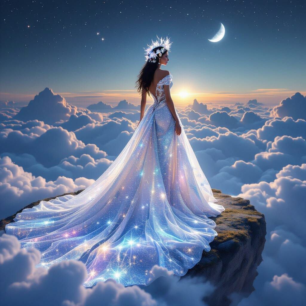 Futuristic Goddess in Starlight Gown: Hyperreal Digital Art