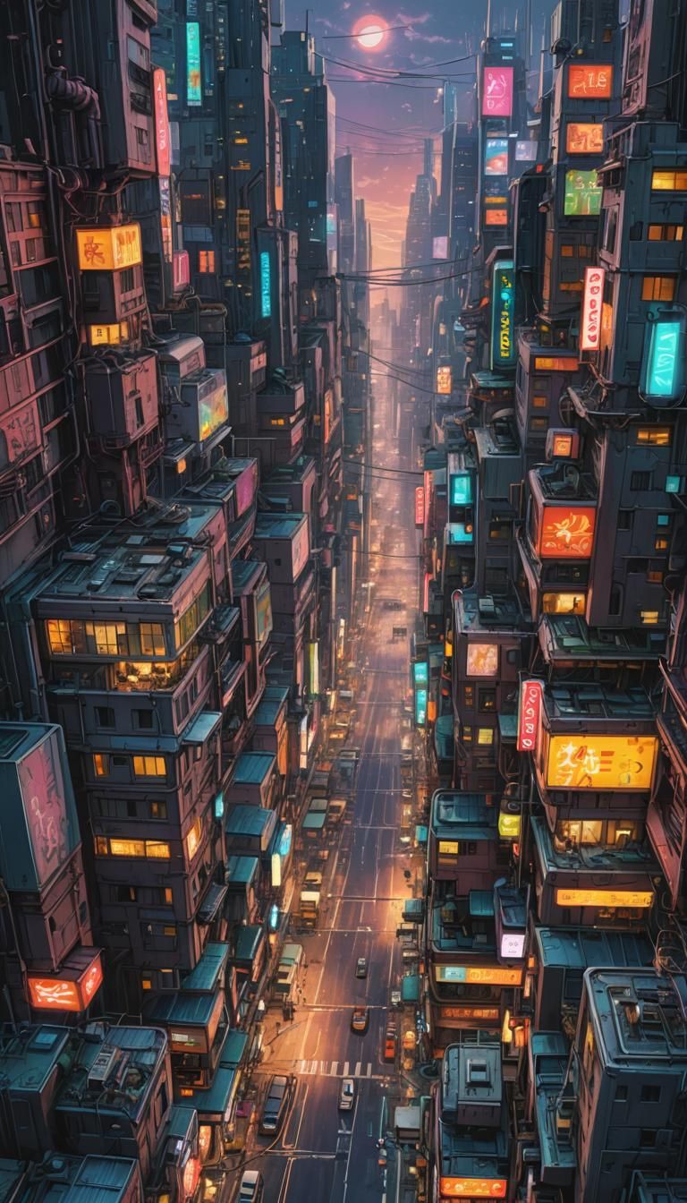 Vibrant Cyberpunk Cityscape Illustration in Acrylic Colors