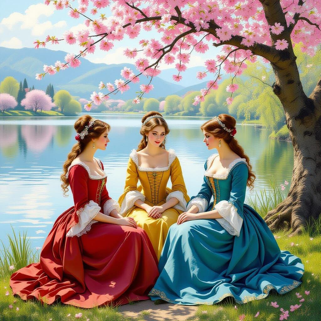 Renaissance Women by Spring Lake in Oil Painting Style