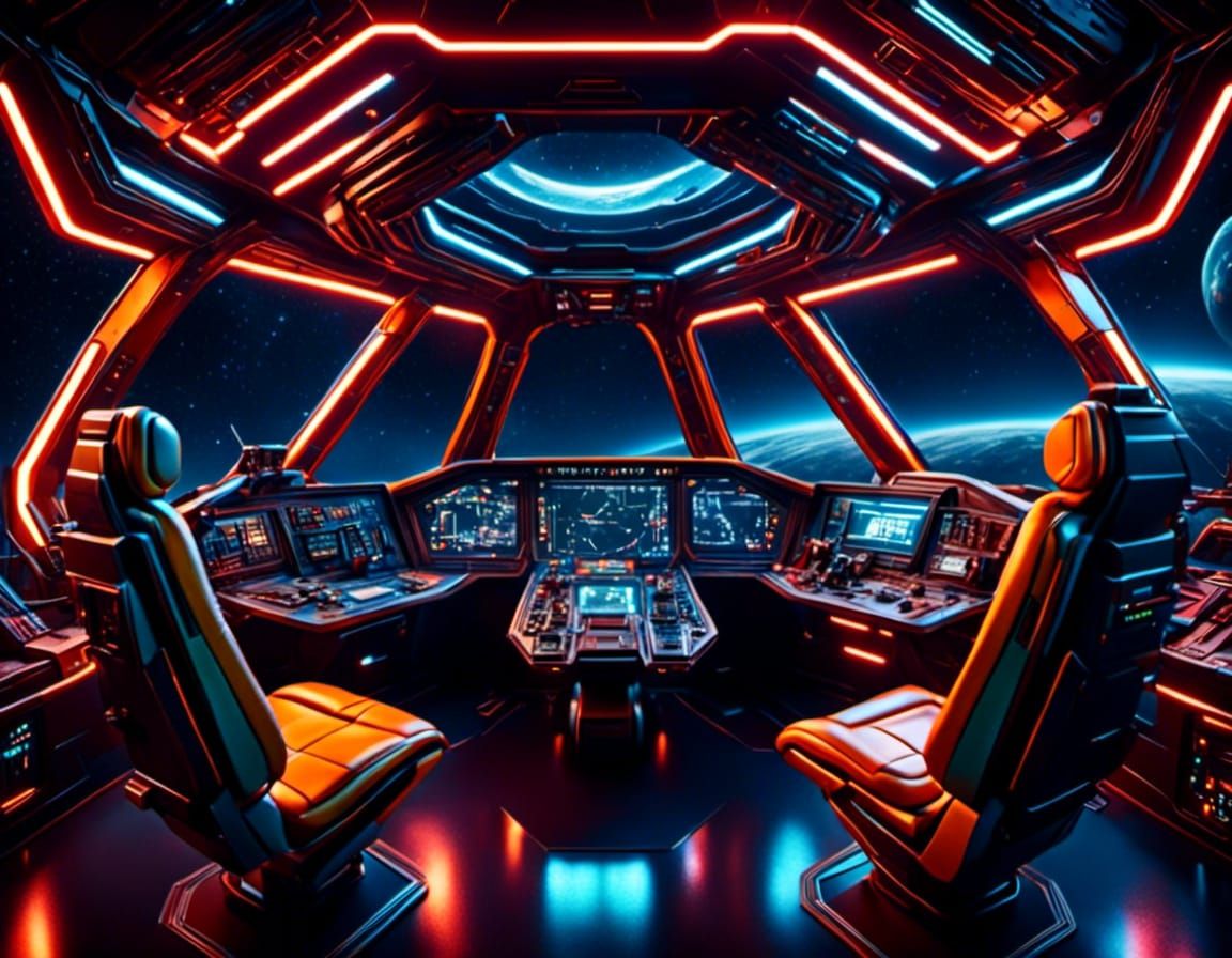 Cyberpunk Spaceship Cockpit in Space Opera Style