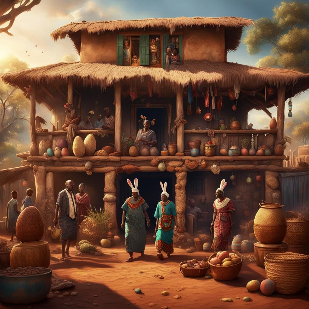 West African Family Easter Celebration: Detailed Matte Paint...