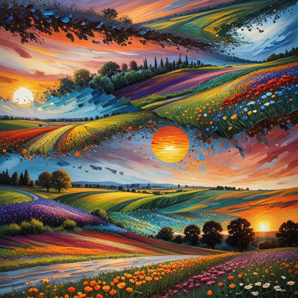 Vibrant Landscape Merge in Impasto Style