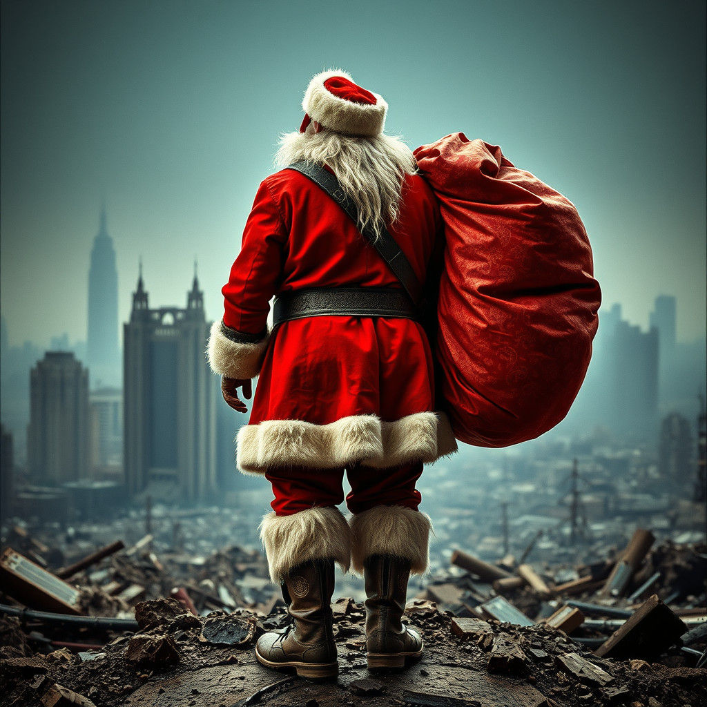 Santa Claus Amidst Ruins: A Cinematic Masterpiece