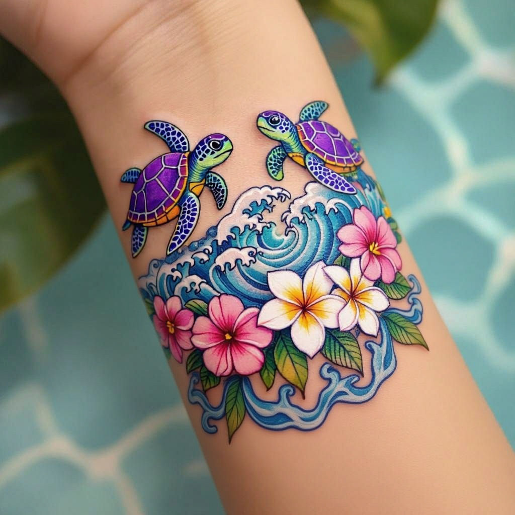 Ocean Wave Tattoo with Turtles and Flowers in 3D Style