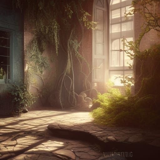 Courtyard Waterfall Garden with Flowering Trellis, Hyperreal...