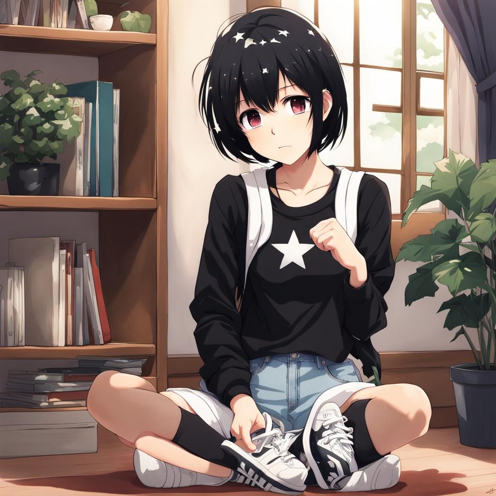 Anime Style Girl in Starry Outfit at Home