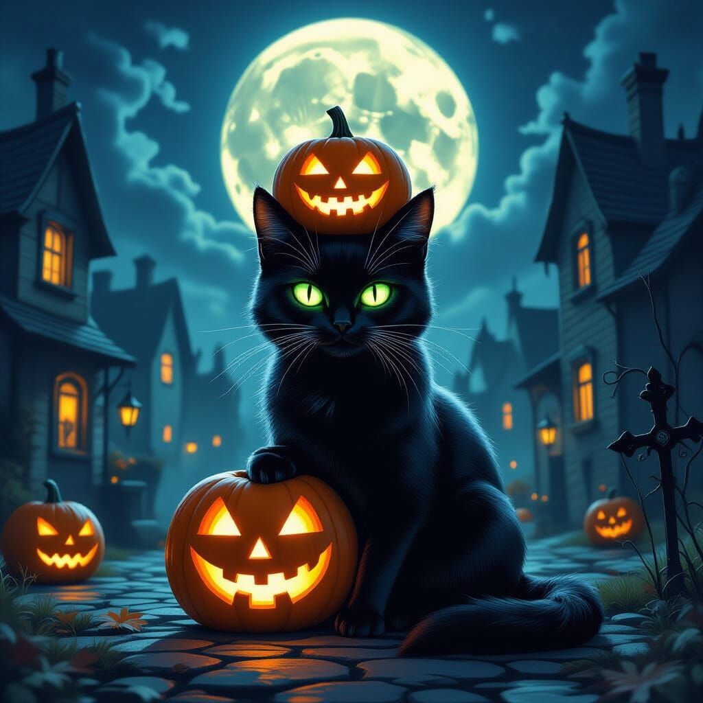 Gothic Halloween Black Cat with Pumpkin Head