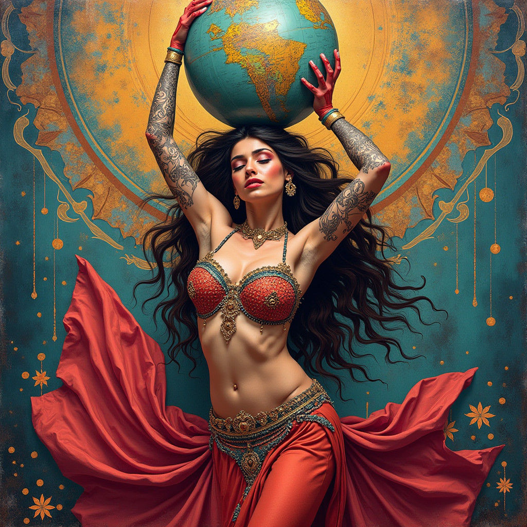 Dynamic Belly Dancer Balances Globe, Graffiti Art Style