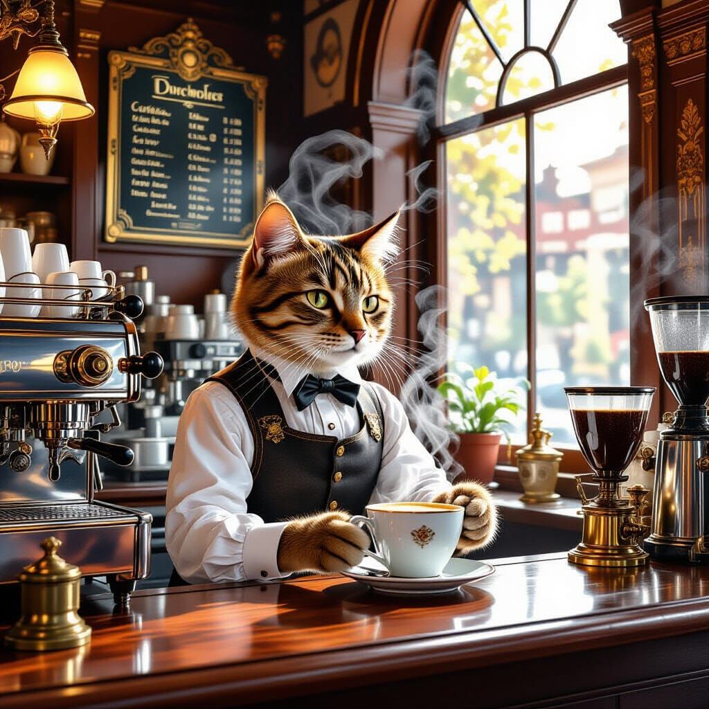 Victorian Cat Barista Crafting Coffee in Futuristic Cafe