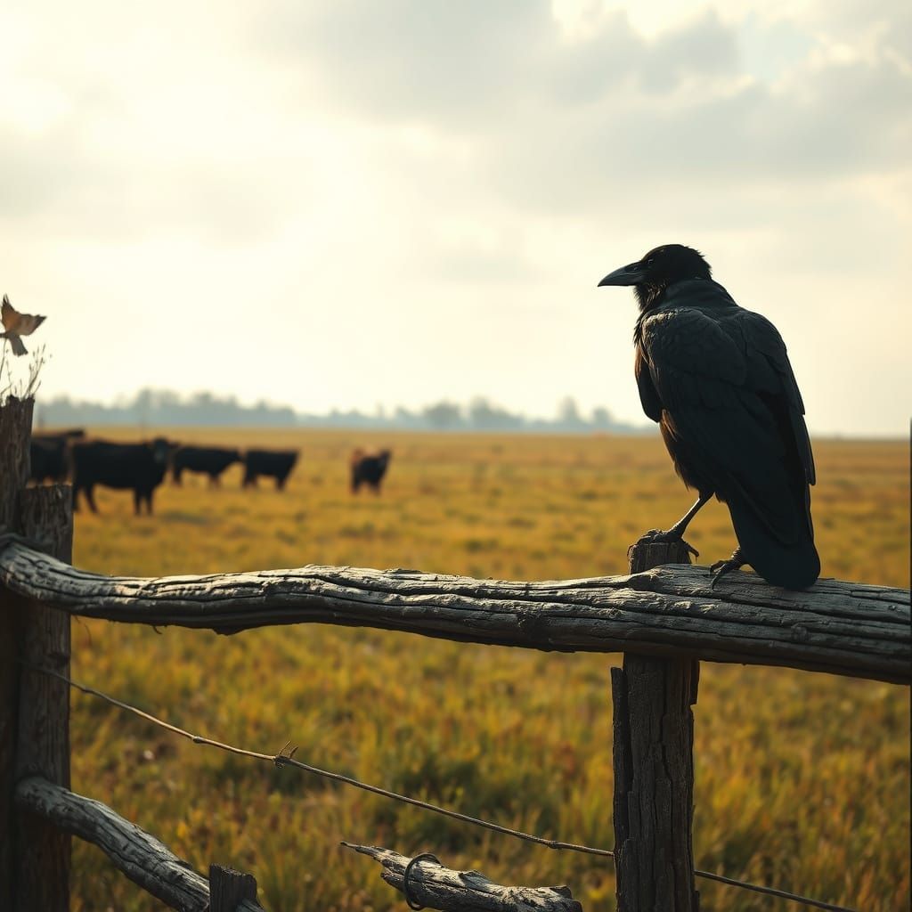 A Crow Watches Over Cows in a Rural Landscape