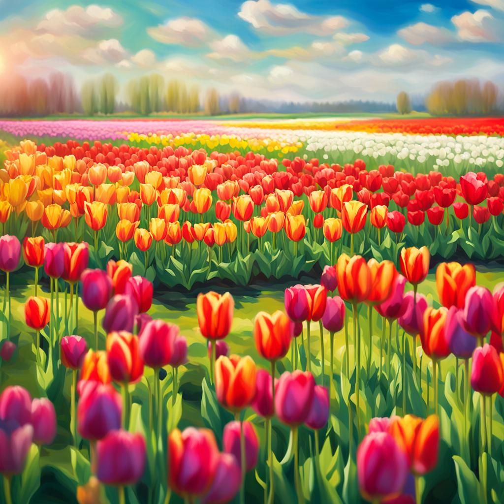 Vibrant Tulips in Lush Field: Impressionist Photography