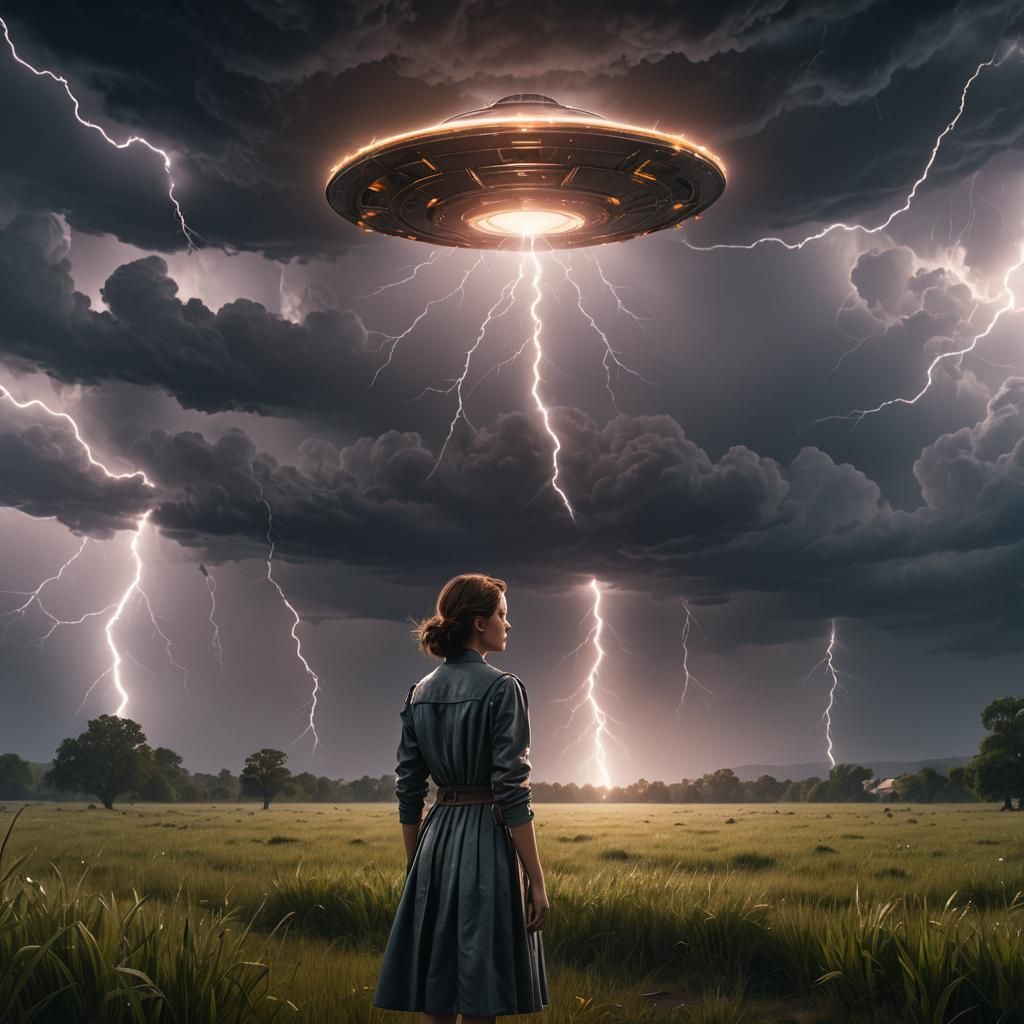 Worried Woman Under UFO Beam: Matte Painting