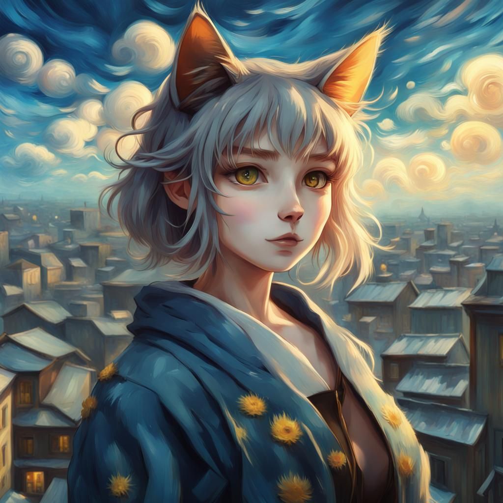 Anime Cat Girl in Van Gogh Style Oil Painting