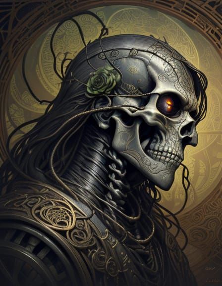 Art Nouveau. The skulled skeleton in cursed weathered armor ...