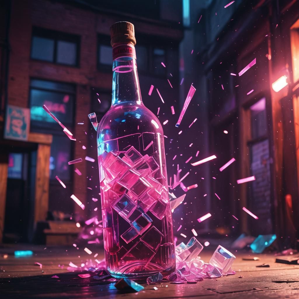 Neon Vodka Bottle Shatters in Synthwave Style