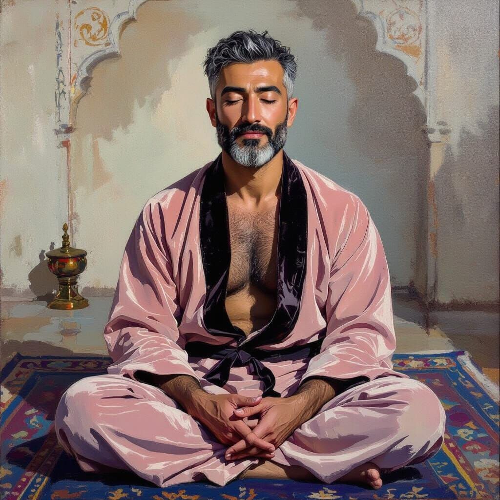 Serene Man in Temple, Neo-Impressionist Oil Painting