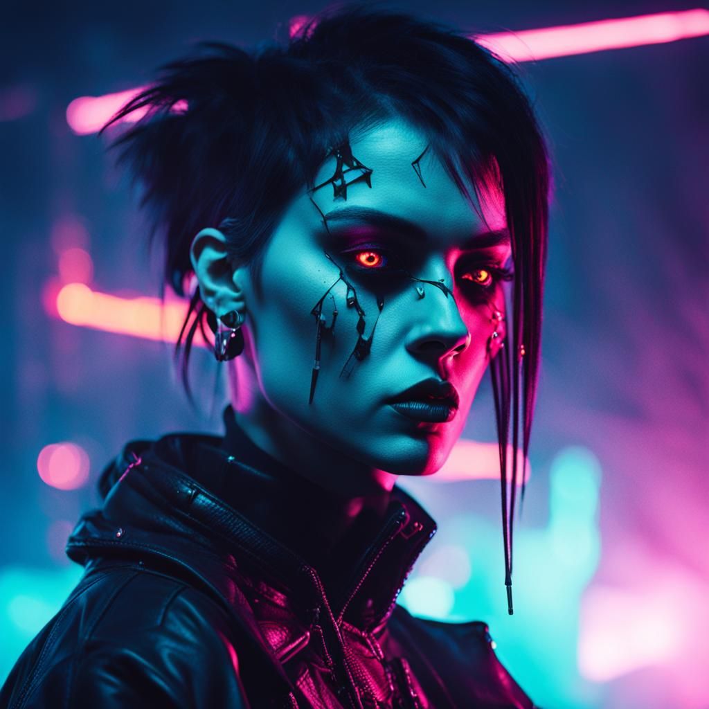 Cyberpunk Goth Model in Amber Neon Light