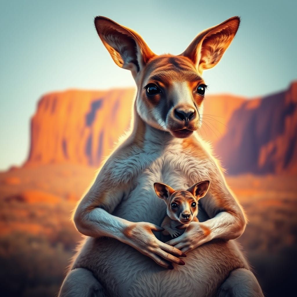Surrealistic Kangaroo Portrait in Vibrant Uluru Landscape