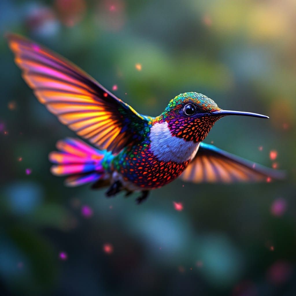 Vibrant Hummingbird in Mid-Flight, Cyberpunk Aesthetic